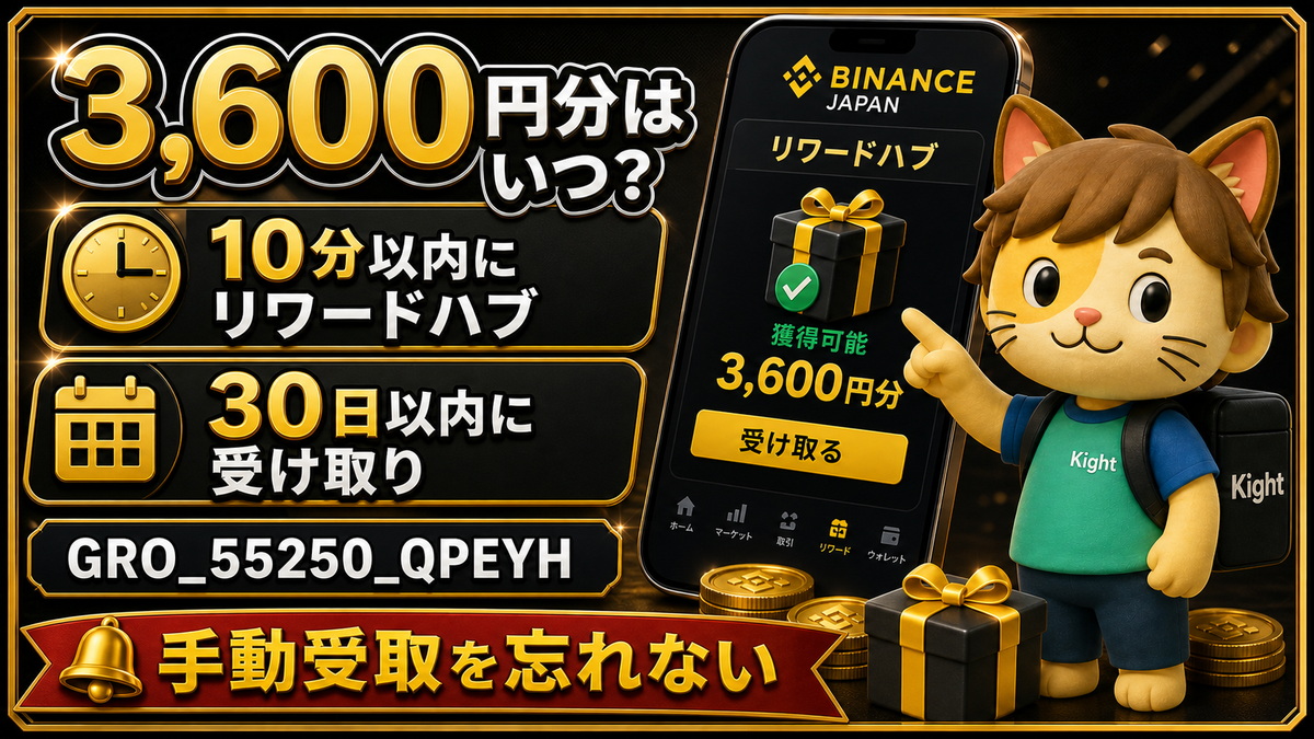 Binance Japanの3600円分をリワードハブで30日以内に受け取る流れ