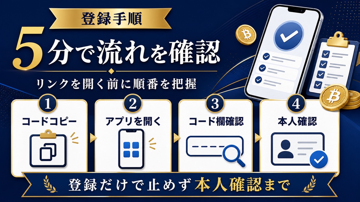 ビットフライヤー招待コードをコピーしてアプリでコード欄と本人確認まで進める登録手順の図解