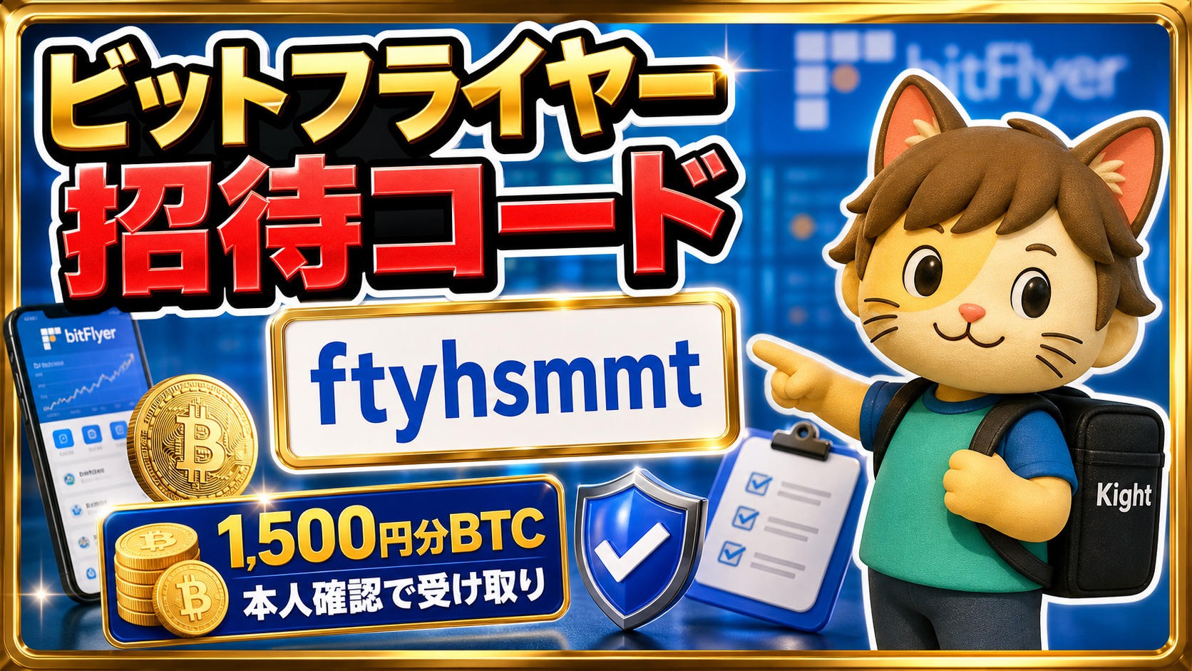 ビットフライヤー招待コード ftyhsmmt 1,500円分BTC 本人確認で受け取り